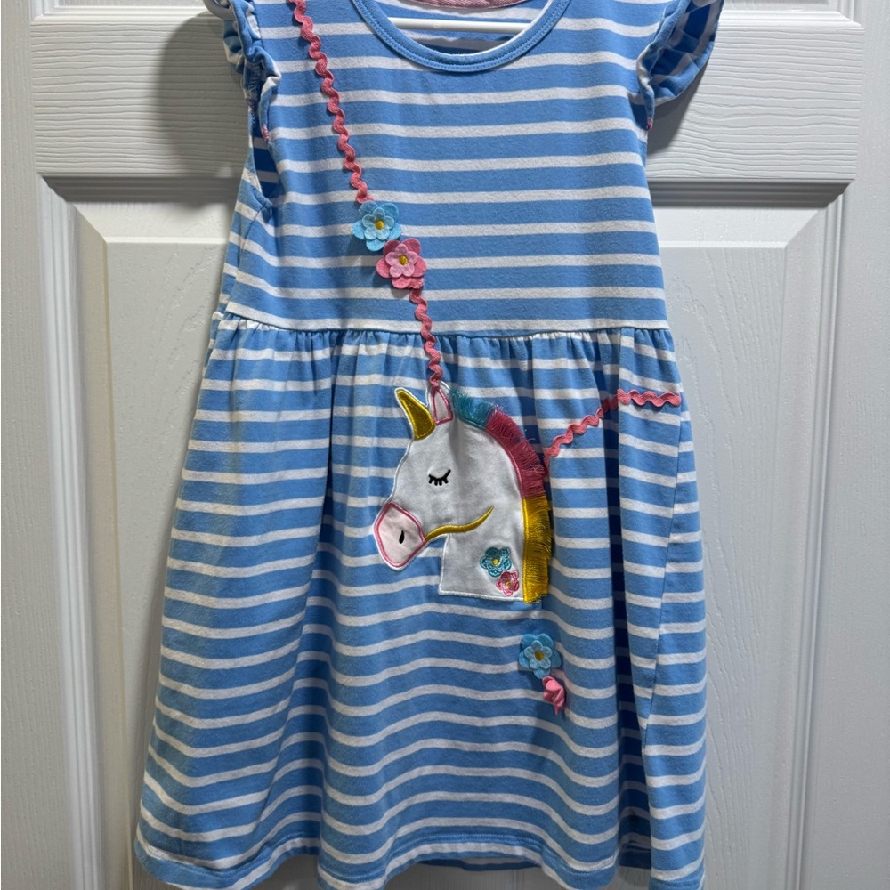 Striped Blue Unicorn Kids Dress
